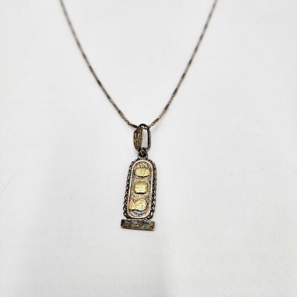 Vintage Sterling Silver & 14k Maya Glyphs Cartouche MEXICO Necklace Pendant 20